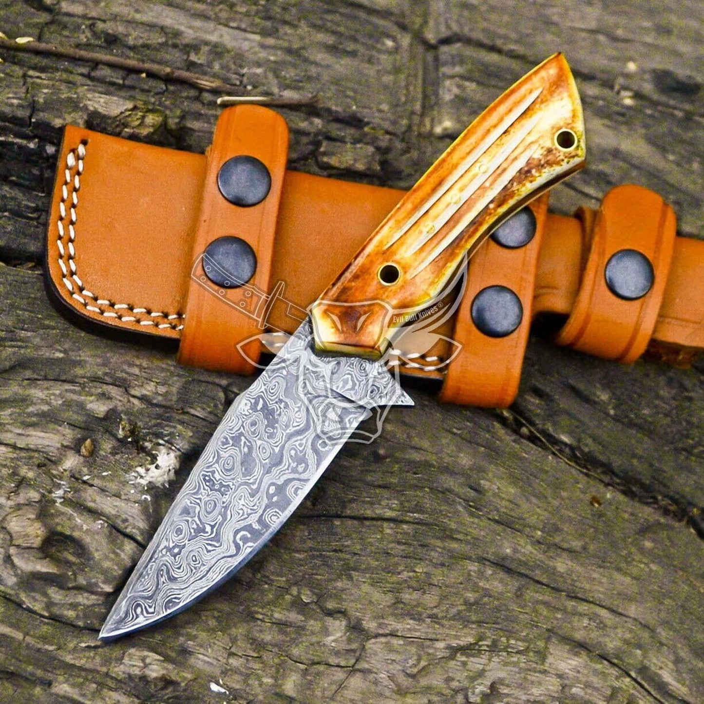 EBK-73 Custom Handmade Damascus Steel Knife - Full Tang Fire pattern Camel bone Handle Christmas Gift For Him