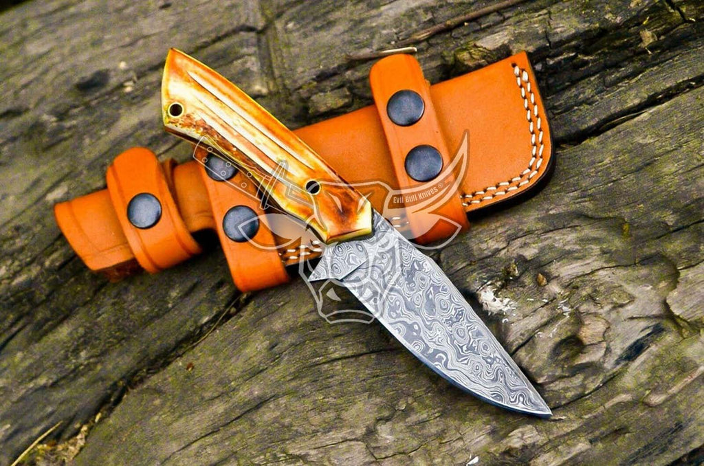 EBK-73 Custom Handmade Damascus Steel Knife - Full Tang Fire pattern Camel bone Handle Christmas Gift For Him