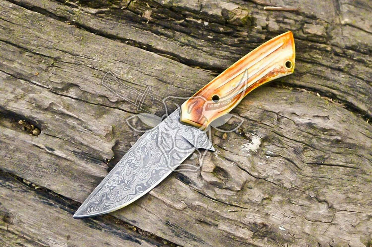 EBK-73 Custom Handmade Damascus Steel Knife - Full Tang Fire pattern Camel bone Handle Christmas Gift For Him