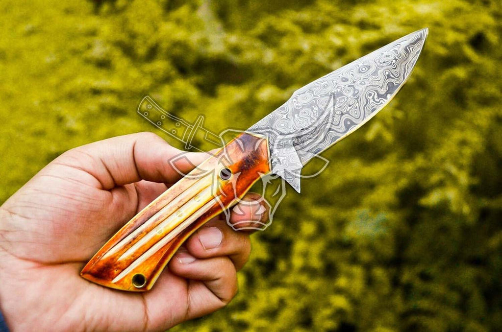 EBK-73 Custom Handmade Damascus Steel Knife - Full Tang Fire pattern Camel bone Handle Christmas Gift For Him