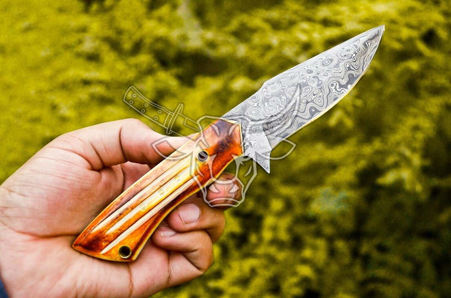 EBK-73 Custom Handmade Damascus Steel Knife - Full Tang Fire pattern Camel bone Handle Christmas Gift For Him