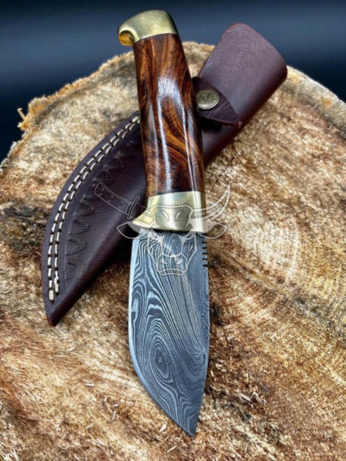 EBK-106 Custom Handmade Damascus Skinning Knife with Rosewood and Brass Guard Handle , Birthday Gift , Christmas Gift For Him