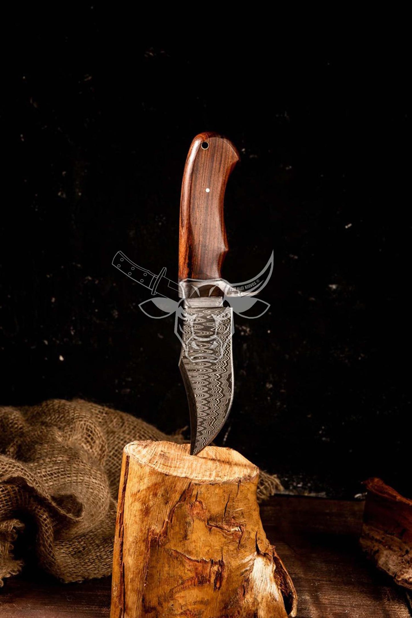 EBK-72 Hand Forged Damascus Steel - Camping Knife With Wood Handle - Ladder Design Pattern Gift For Him