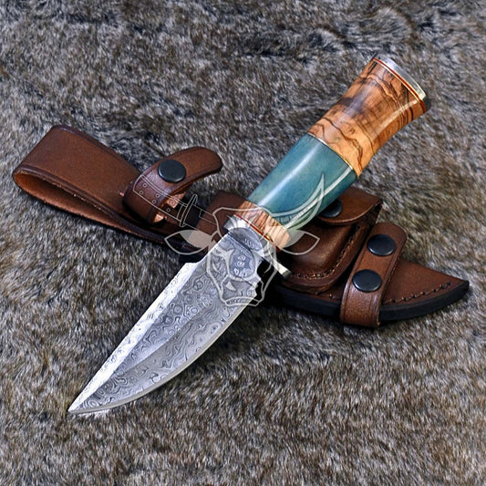 EBK-132 Damascus Hunting With Olive Wood With Bone Wood Groomsman Gift Christmas Gift For Him