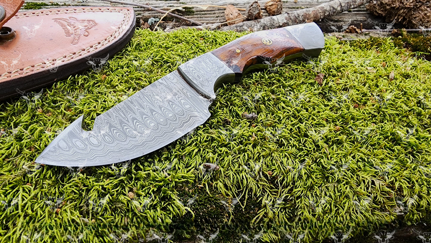 EBK-178 Damascus gut hook knife, camping knife, survival knife, gift for him, Leather sheath, Hunting knife, Personalized knife