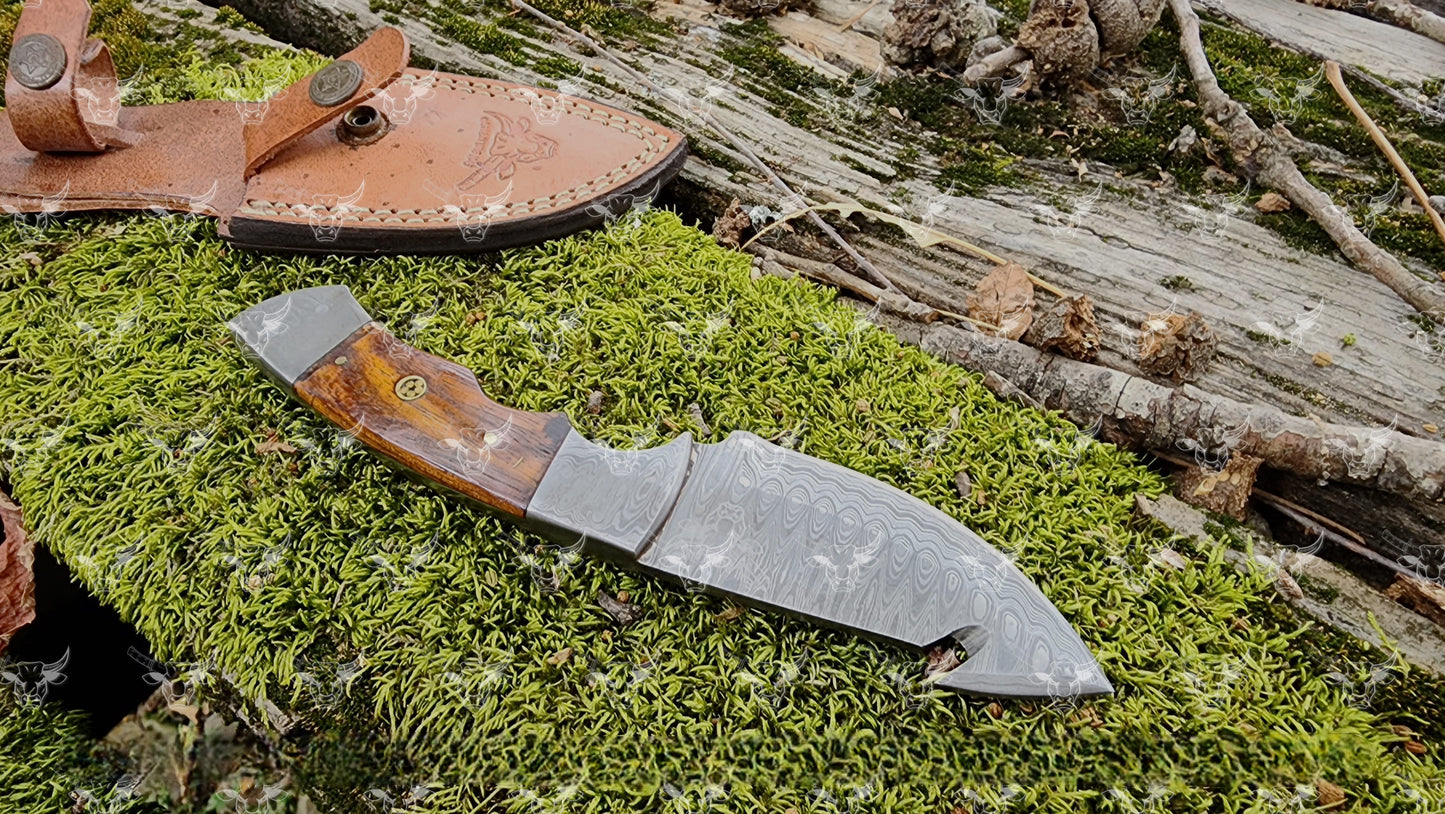 EBK-178 Damascus gut hook knife, camping knife, survival knife, gift for him, Leather sheath, Hunting knife, Personalized knife