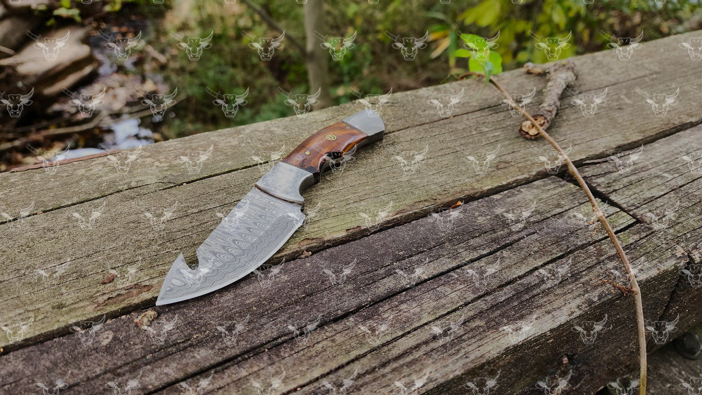 EBK-178 Damascus gut hook knife, camping knife, survival knife, gift for him, Leather sheath, Hunting knife, Personalized knife