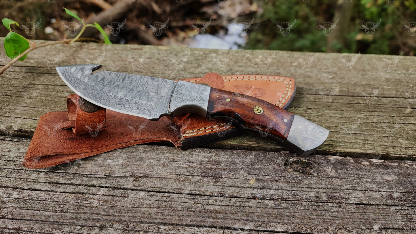 EBK-178 Damascus gut hook knife, camping knife, survival knife, gift for him, Leather sheath, Hunting knife, Personalized knife