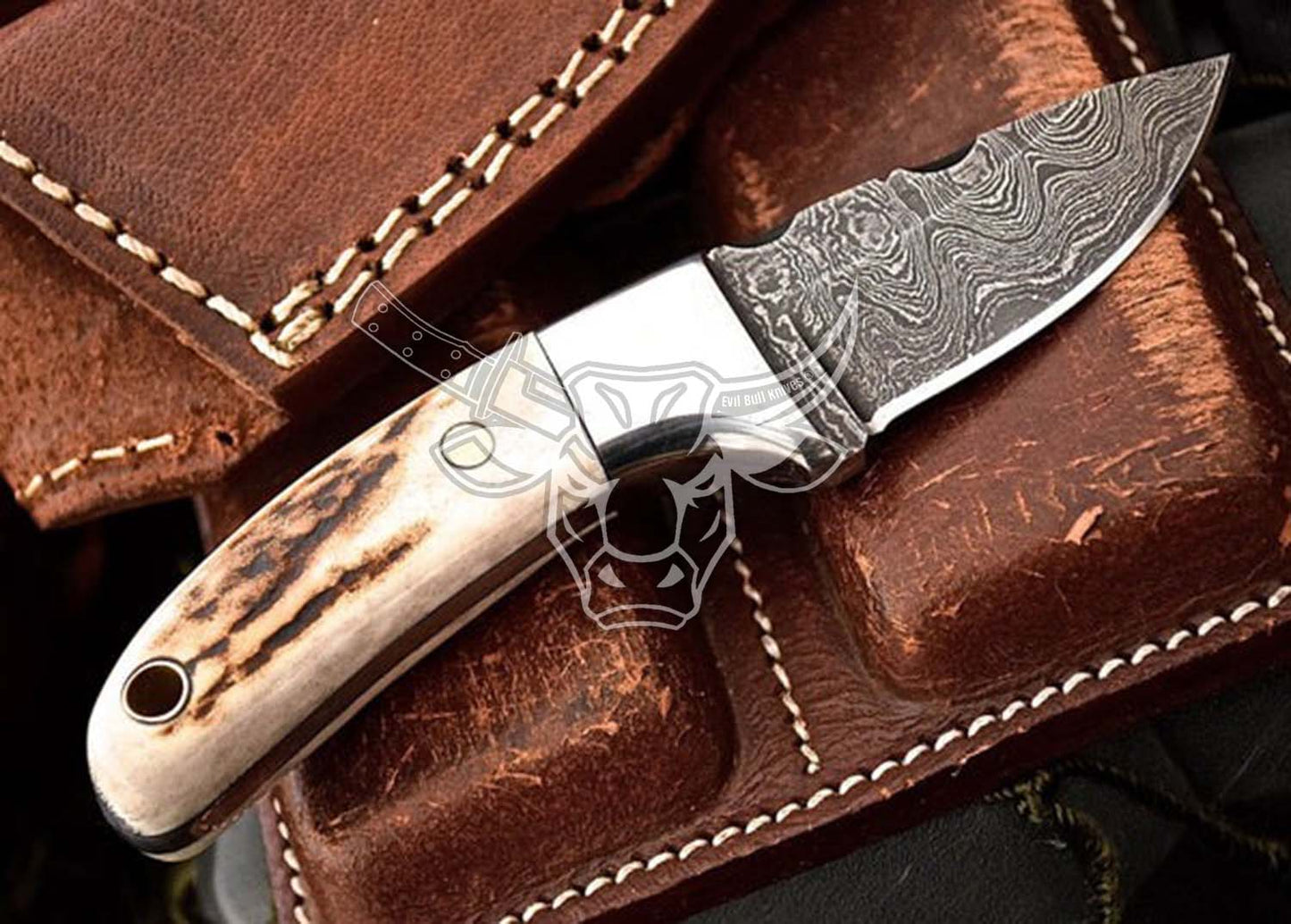 EBK-96 Custom Handmade Damascus Stag Antler Handle Mini Skinning EDC Small Skinner ,Christmas Gift For Him