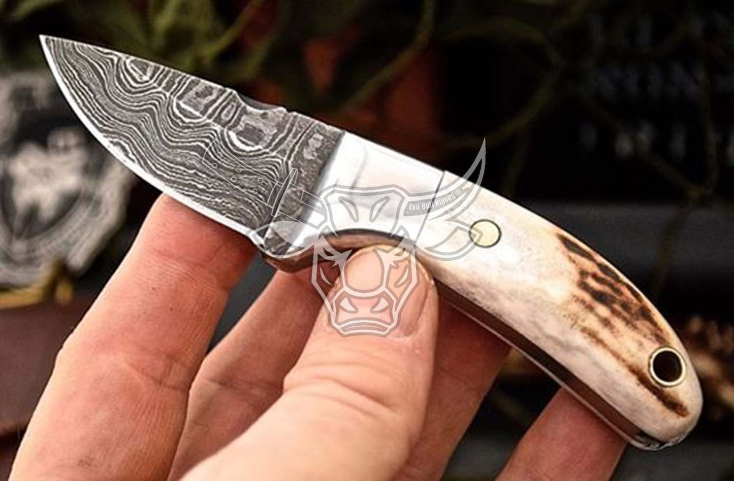 EBK-96 Custom Handmade Damascus Stag Antler Handle Mini Skinning EDC Small Skinner ,Christmas Gift For Him