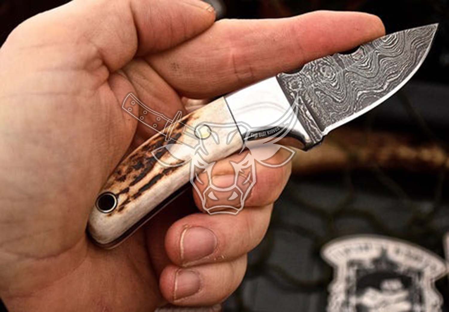 EBK-96 Custom Handmade Damascus Stag Antler Handle Mini Skinning EDC Small Skinner ,Christmas Gift For Him