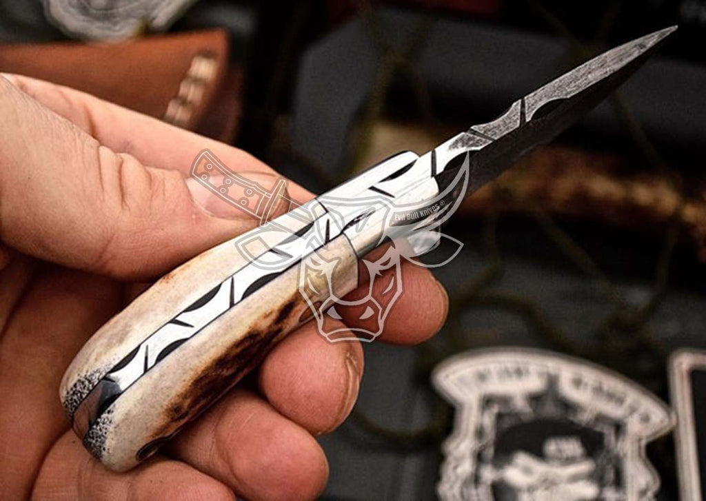 EBK-96 Custom Handmade Damascus Stag Antler Handle Mini Skinning EDC Small Skinner ,Christmas Gift For Him