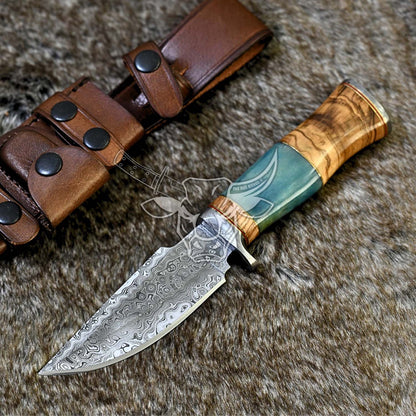 EBK-132 Damascus Hunting With Olive Wood With Bone Wood Groomsman Gift Christmas Gift For Him