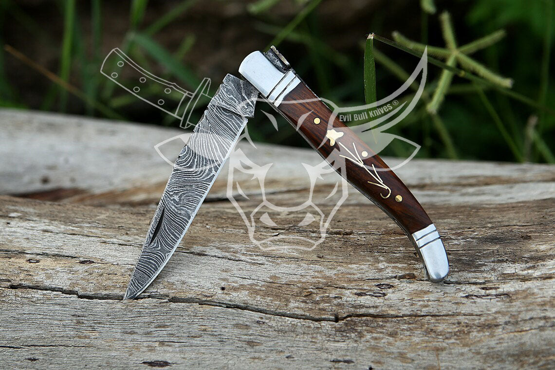 EBK-34 Hand Made Lagouile  Damascus Folding Pocket Knife Anniversary Gift, Christmas Gift For Him