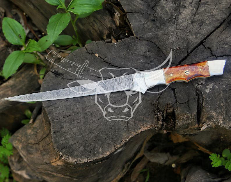 EBK-29 Fillet Fishing Knife Damascus Steel with Flexible Blade – Personalized Chef’s Gift For Kitchen and Outdoors Use – Sacred Blade Christmas Gift For Him
