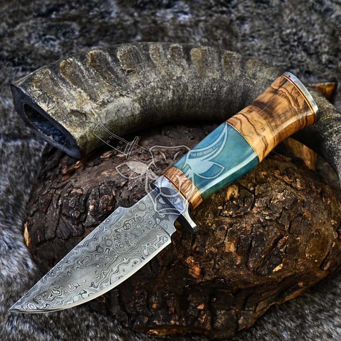 EBK-132 Damascus Hunting With Olive Wood With Bone Wood Groomsman Gift Christmas Gift For Him