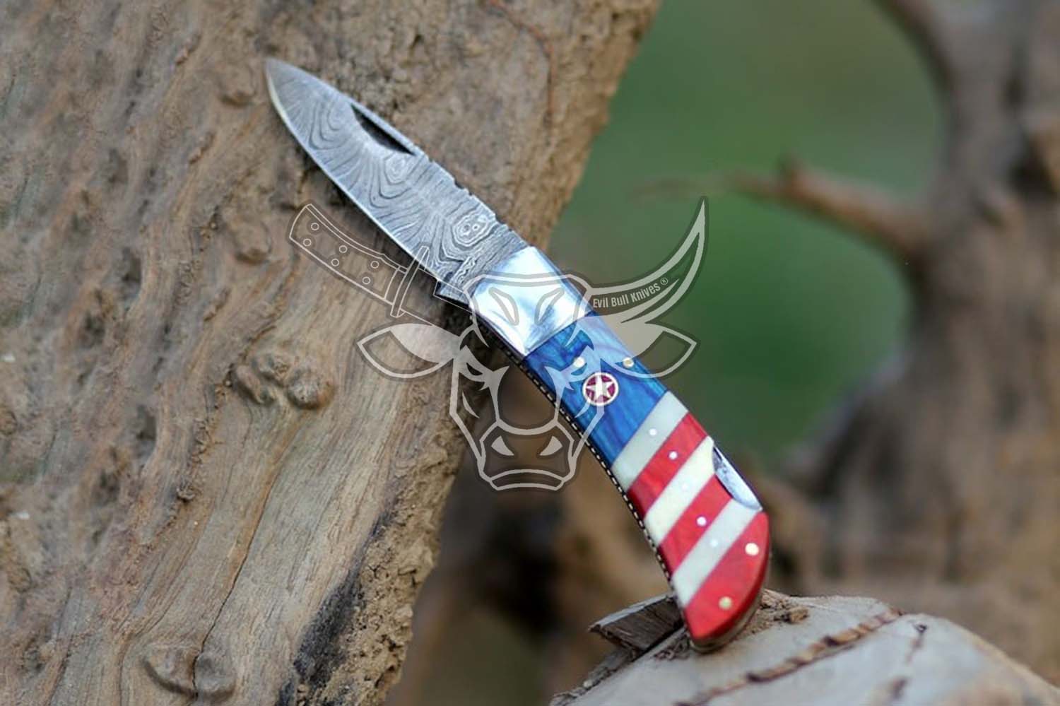 EBK-85 Damascus Folding Knife Handmade Damascus Steel Pocket Knife American flag design for Men Women Groomsmen Gift Anniversary gift for him Christmas Gift For Him EDC