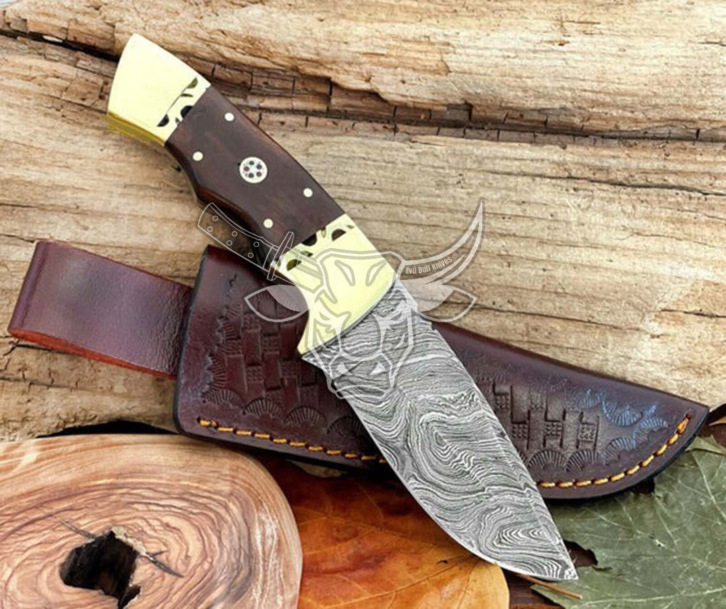 EBK-111 DAMASCUS STEEL KNIFE 9" CUSTOM FIXED BLADE KNIFE BRASS WITH ROSE WOOD HANDLE GIFT FOR HIM