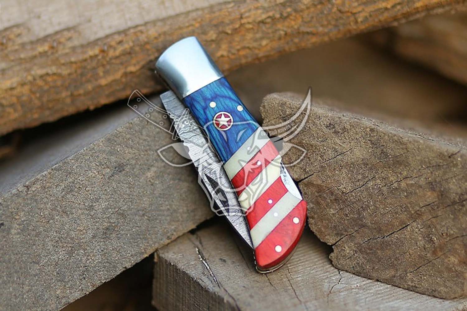 EBK-85 Damascus Folding Knife Handmade Damascus Steel Pocket Knife American flag design for Men Women Groomsmen Gift Anniversary gift for him Christmas Gift For Him EDC