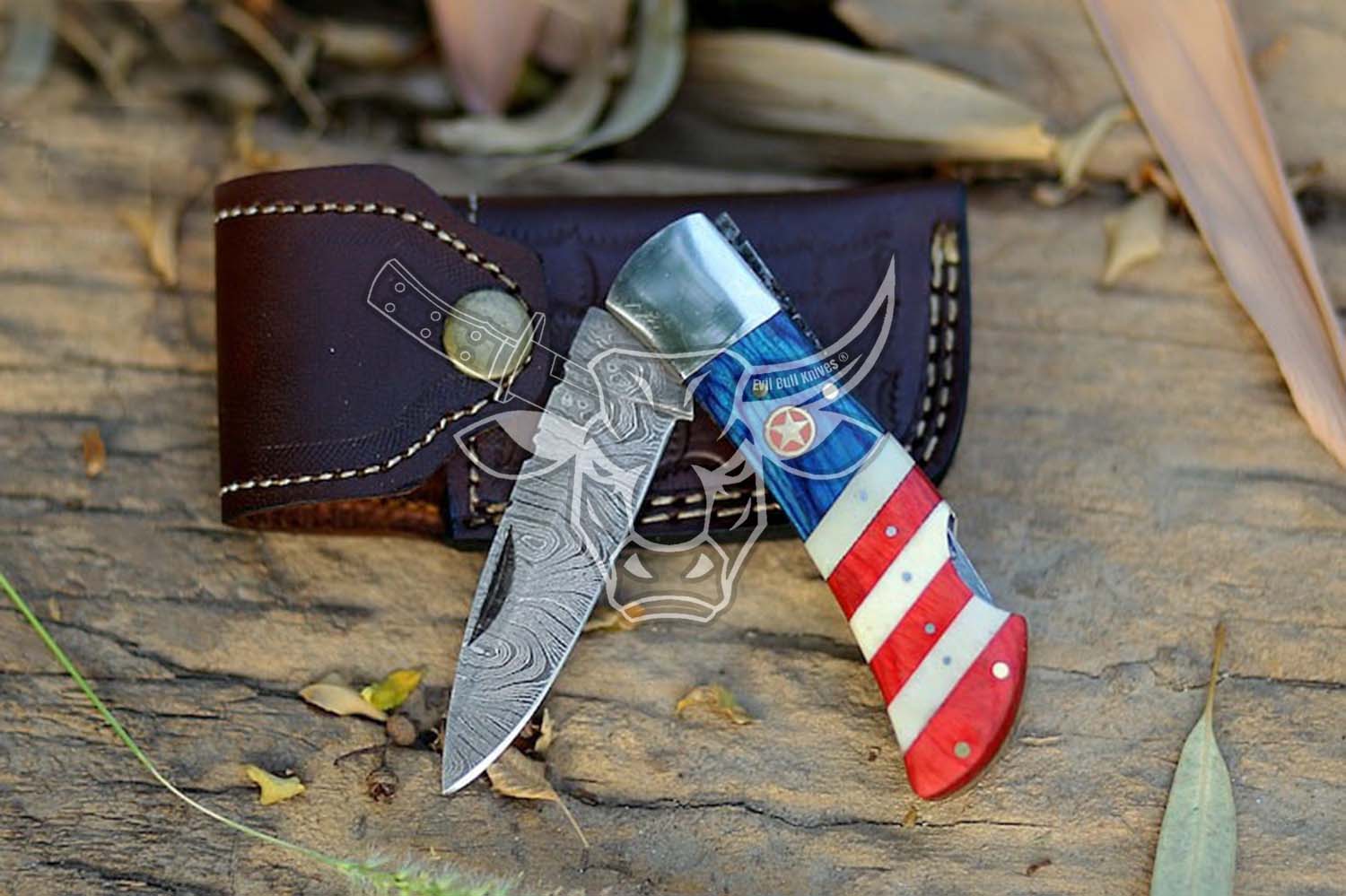 EBK-85 Damascus Folding Knife Handmade Damascus Steel Pocket Knife American flag design for Men Women Groomsmen Gift Anniversary gift for him Christmas Gift For Him EDC