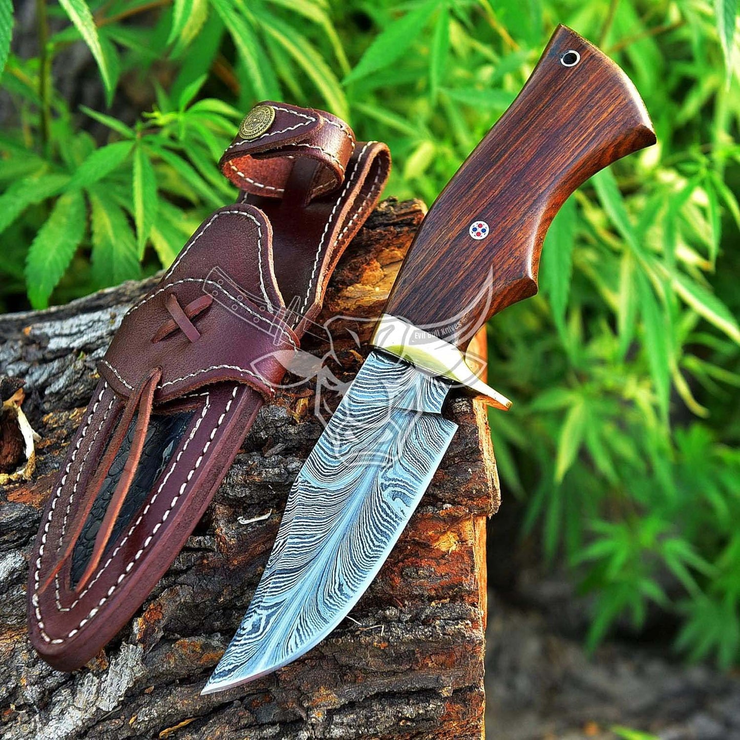 EBK-161 Custom Handmade DAMASCUS Hunting Knife Special Featured Is Feather Pattern With Rose Wood Handle Christmas Gift For Him , Birthday Gift , Gift For Him