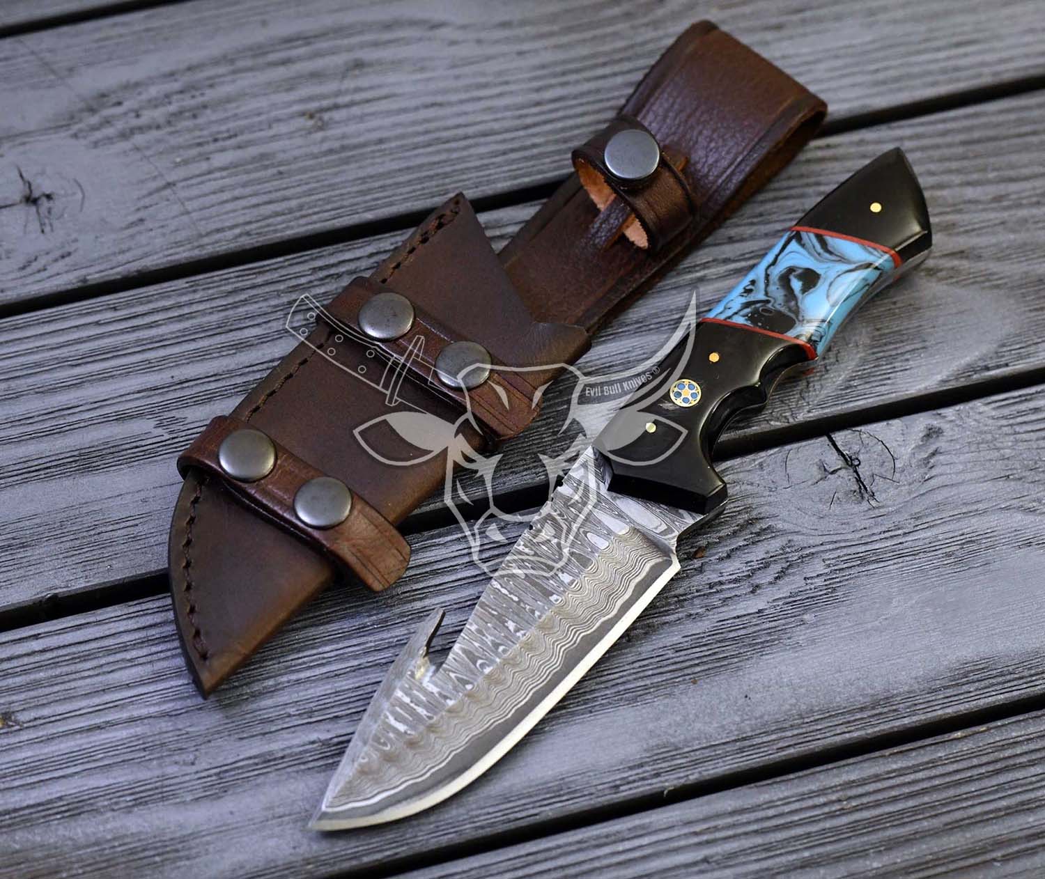 EBK-124 Coalesced Bon and Turqoise Wood Damascus Steel Guthook