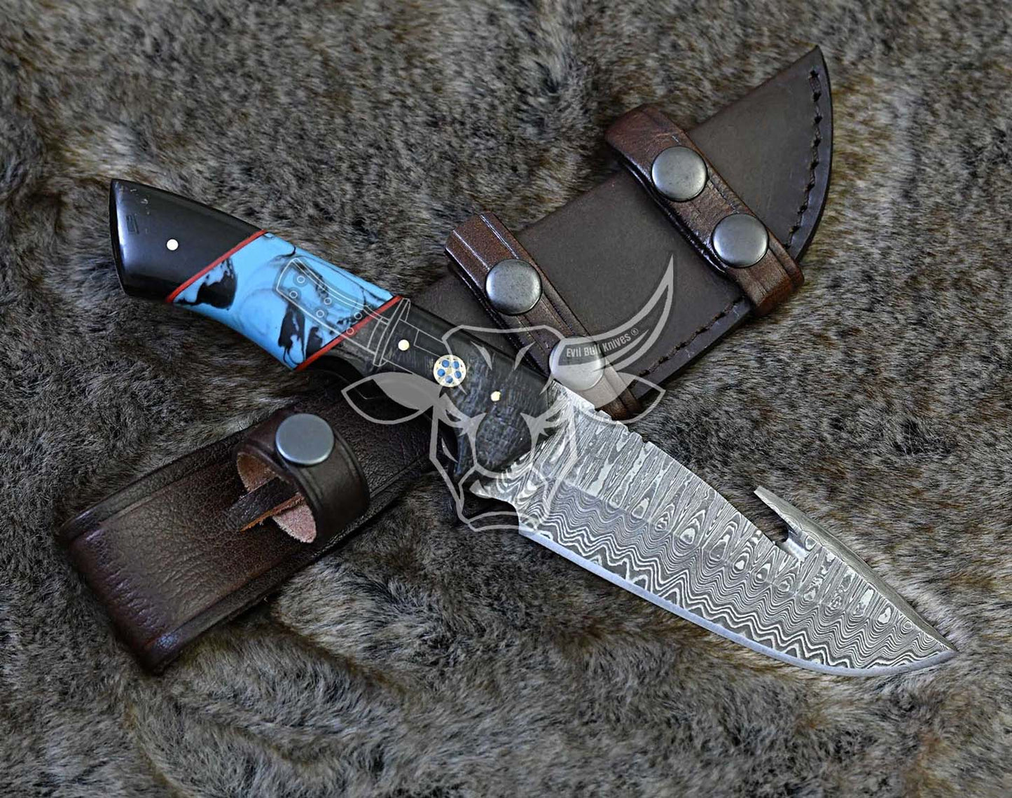 EBK-124 Coalesced Bon and Turqoise Wood Damascus Steel Guthook