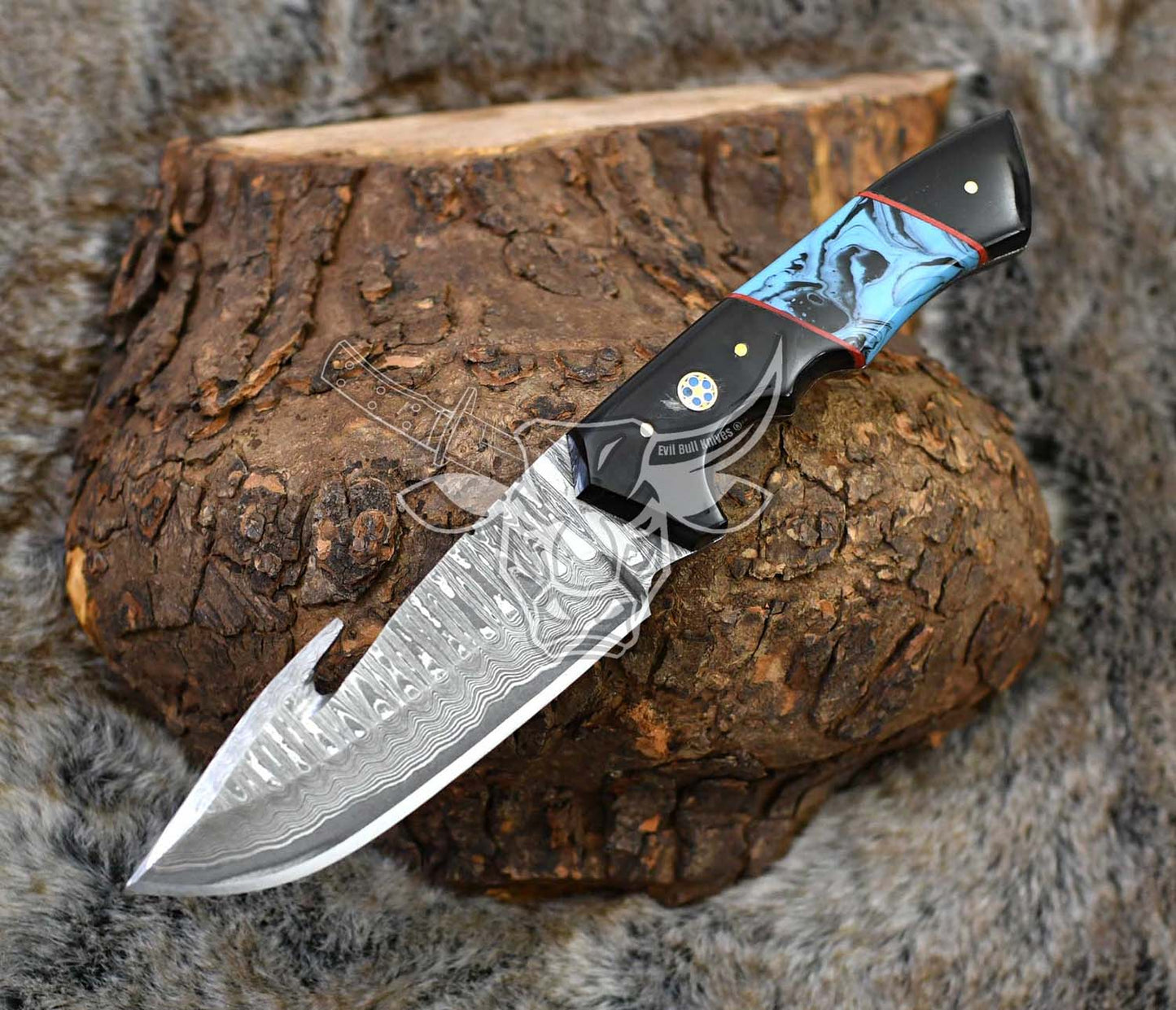 EBK-124 Coalesced Bon and Turqoise Wood Damascus Steel Guthook