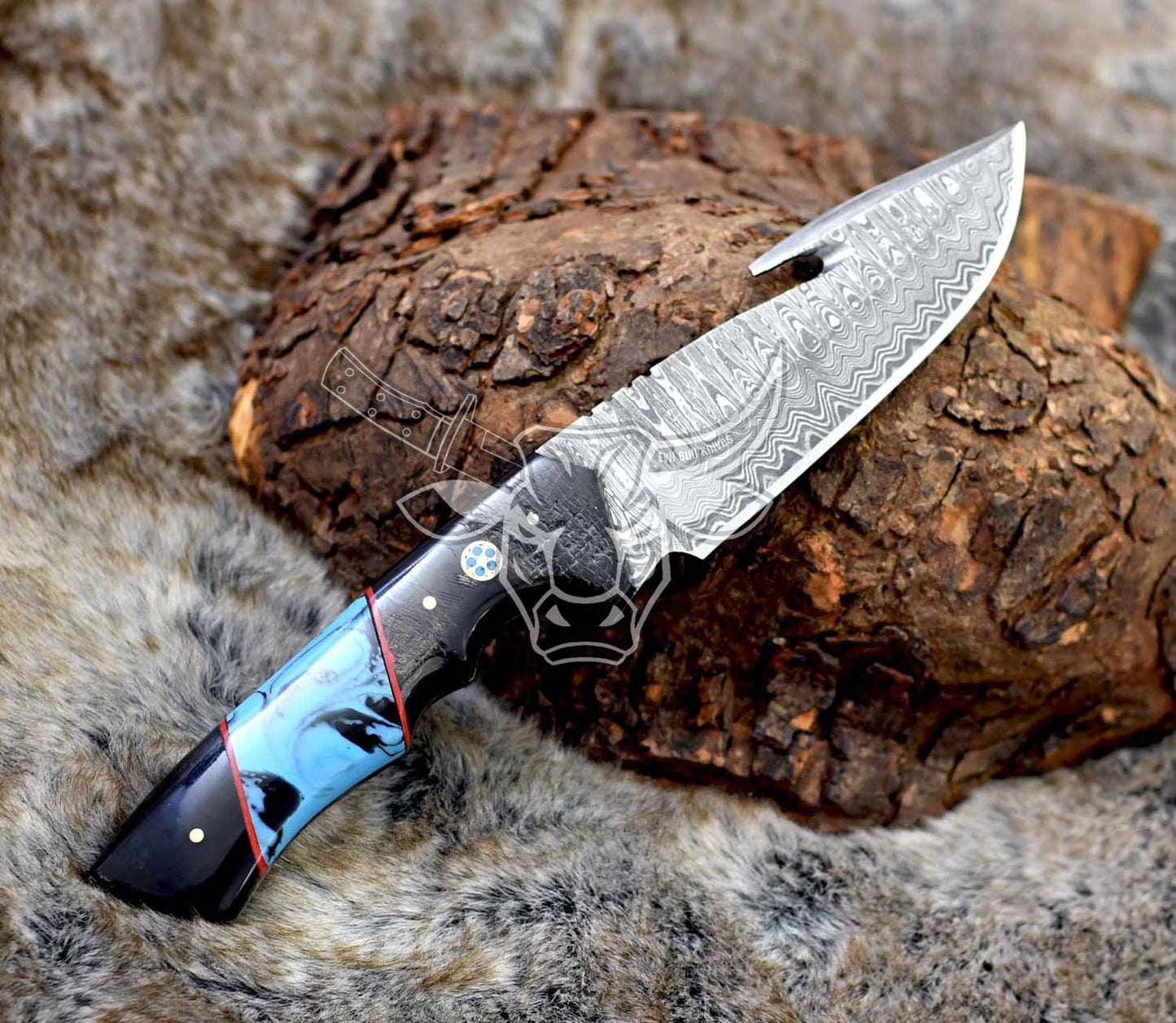 EBK-124 Coalesced Bon and Turqoise Wood Damascus Steel Guthook