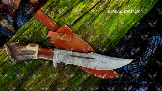 EBK-003 Damascus Steel Bowie knife ,Hunting knife, Bowie knife, Viking knife, Stag crown, Top Selling, Viking bowie, forged knife, Engraved knife
