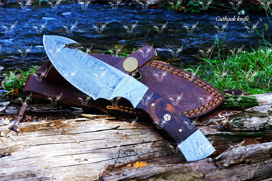 EBK-178 Damascus gut hook knife, camping knife, survival knife, gift for him, Leather sheath, Hunting knife, Personalized knife