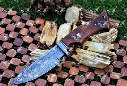 EBK-24 Premium Handmade Damscus steel Knife, Handforged Damascus Blade, Wood handle , LEather sheath with snake pattern