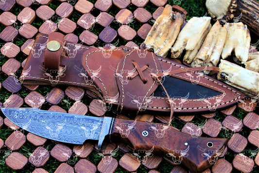 EBK-24 Premium Handmade Damscus steel Knife, Handforged Damascus Blade, Wood handle , LEather sheath with snake pattern