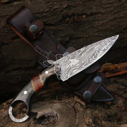EBK-131 Custom Handmade Damascus Knife Bull Horn With Rose Wood Christmas Gift For Him