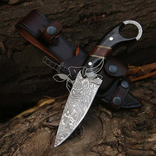 EBK-131 Custom Handmade Damascus Knife Bull Horn With Rose Wood Christmas Gift For Him