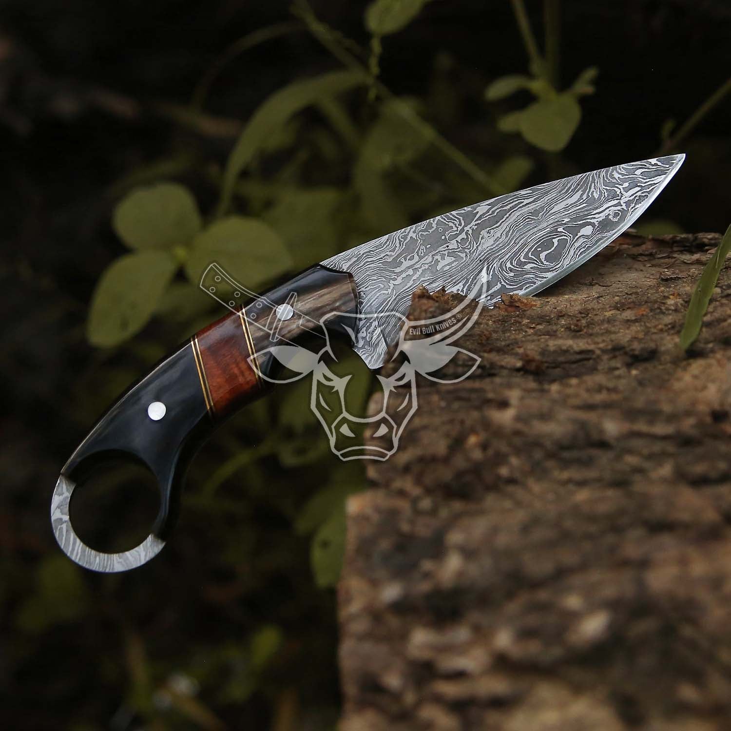 EBK-131 Custom Handmade Damascus Knife Bull Horn With Rose Wood Christmas Gift For Him