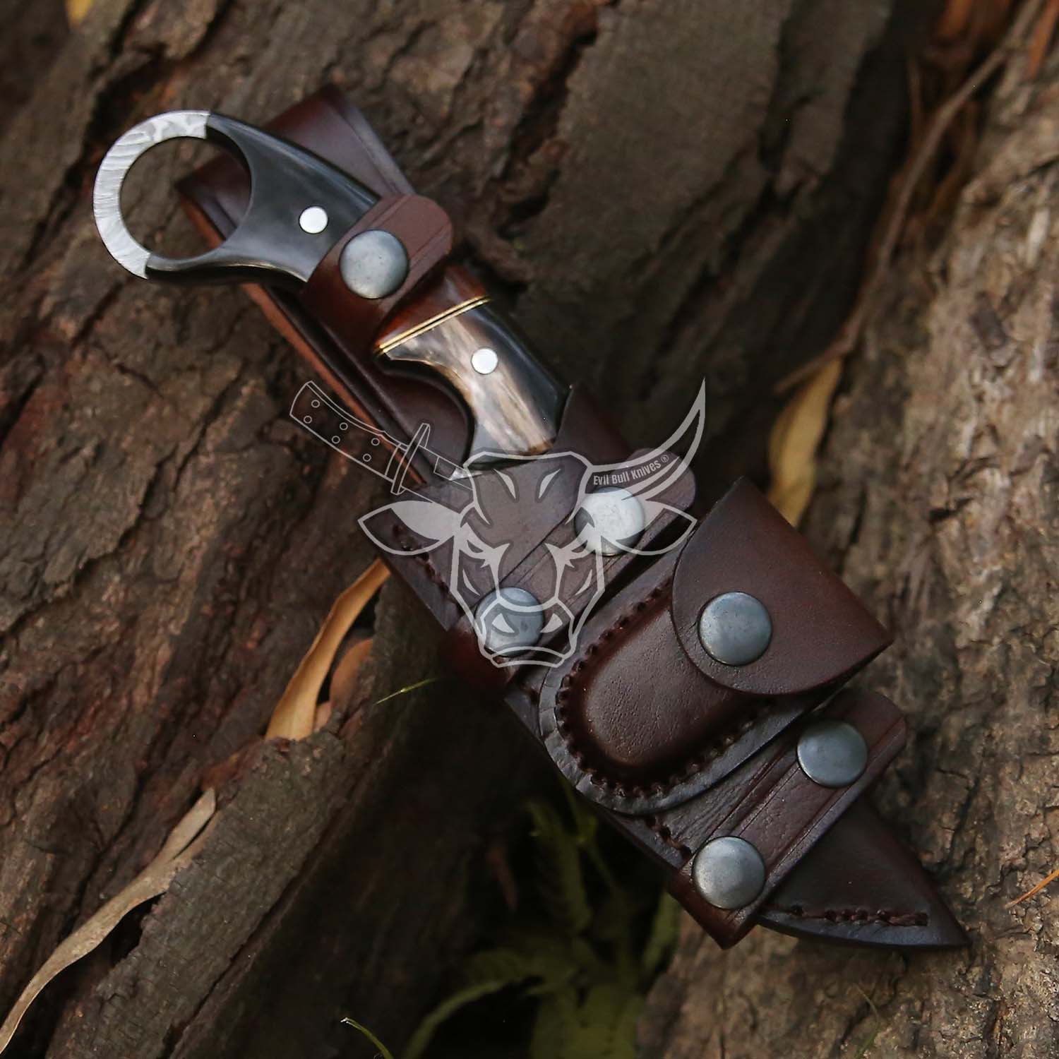 EBK-131 Custom Handmade Damascus Knife Bull Horn With Rose Wood Christmas Gift For Him