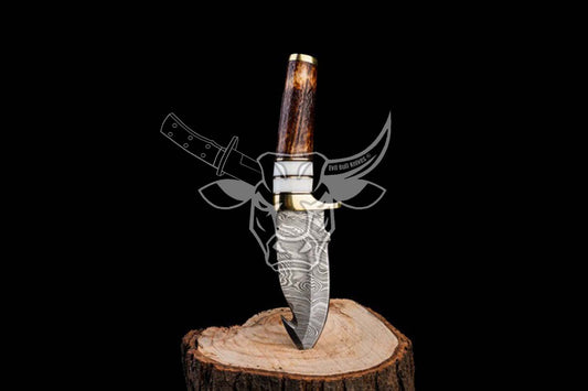 EBK-71 Hand Made Forged Damascus Steel - Knife With Hook Edge - Handle Made with Original Antler Stag Anniversary Gift For Him, Christmas Gift For Him