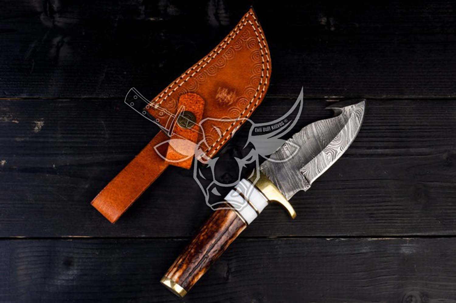 EBK-71 Hand Made Forged Damascus Steel - Knife With Hook Edge - Handle Made with Original Antler Stag Anniversary Gift For Him, Christmas Gift For Him