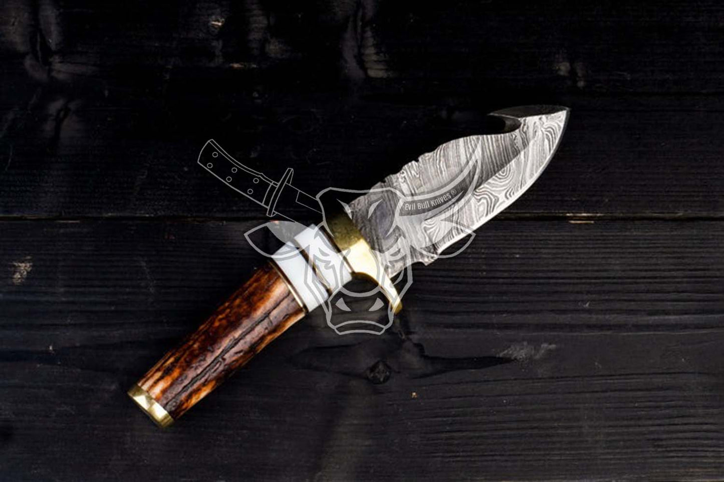 EBK-71 Hand Made Forged Damascus Steel - Knife With Hook Edge - Handle Made with Original Antler Stag Anniversary Gift For Him, Christmas Gift For Him
