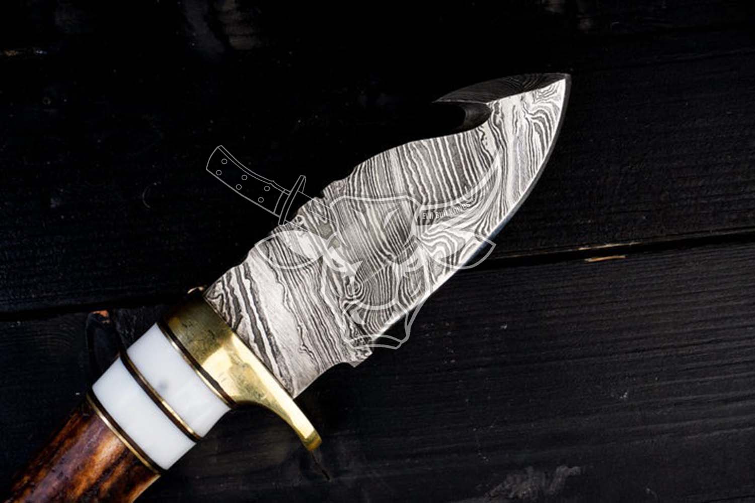 EBK-71 Hand Made Forged Damascus Steel - Knife With Hook Edge - Handle Made with Original Antler Stag Anniversary Gift For Him, Christmas Gift For Him