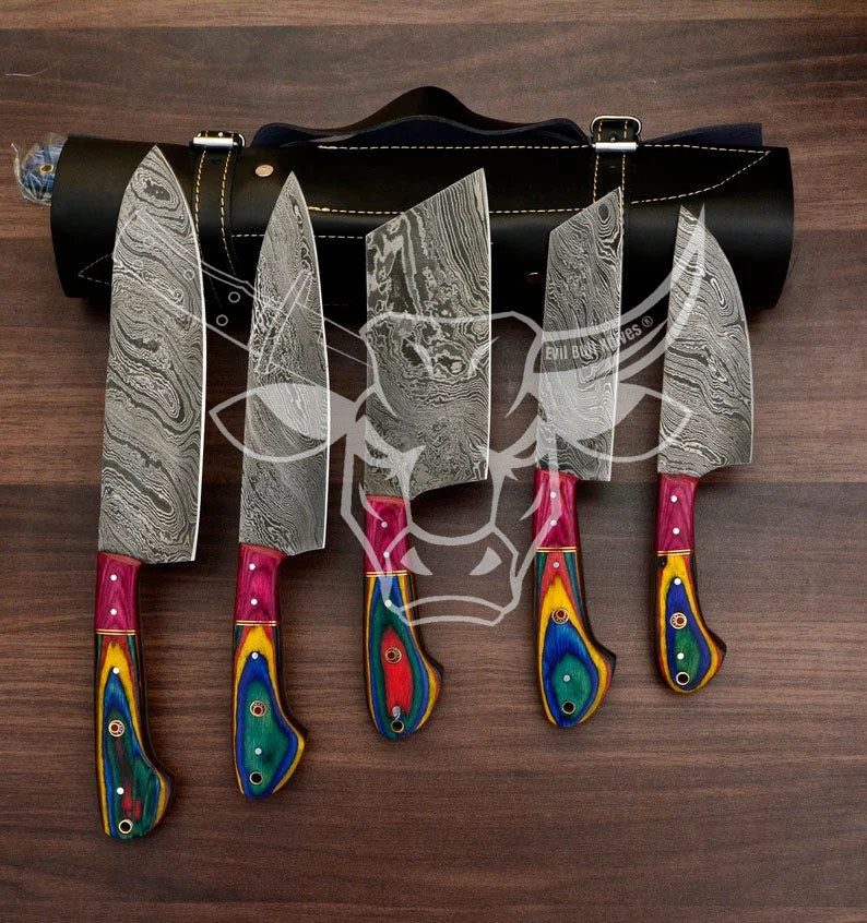 EBK-37 Custom Handmade Damascus kitchen chef knives Set Hard Wood Handle With Amazing Leather Gift Anniversary Gift, Christmas Gift For Him