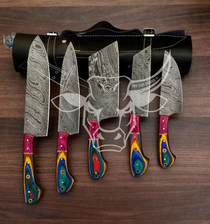 EBK-37 Custom Handmade Damascus kitchen chef knives Set Hard Wood Handle With Amazing Leather Gift Anniversary Gift, Christmas Gift For Him