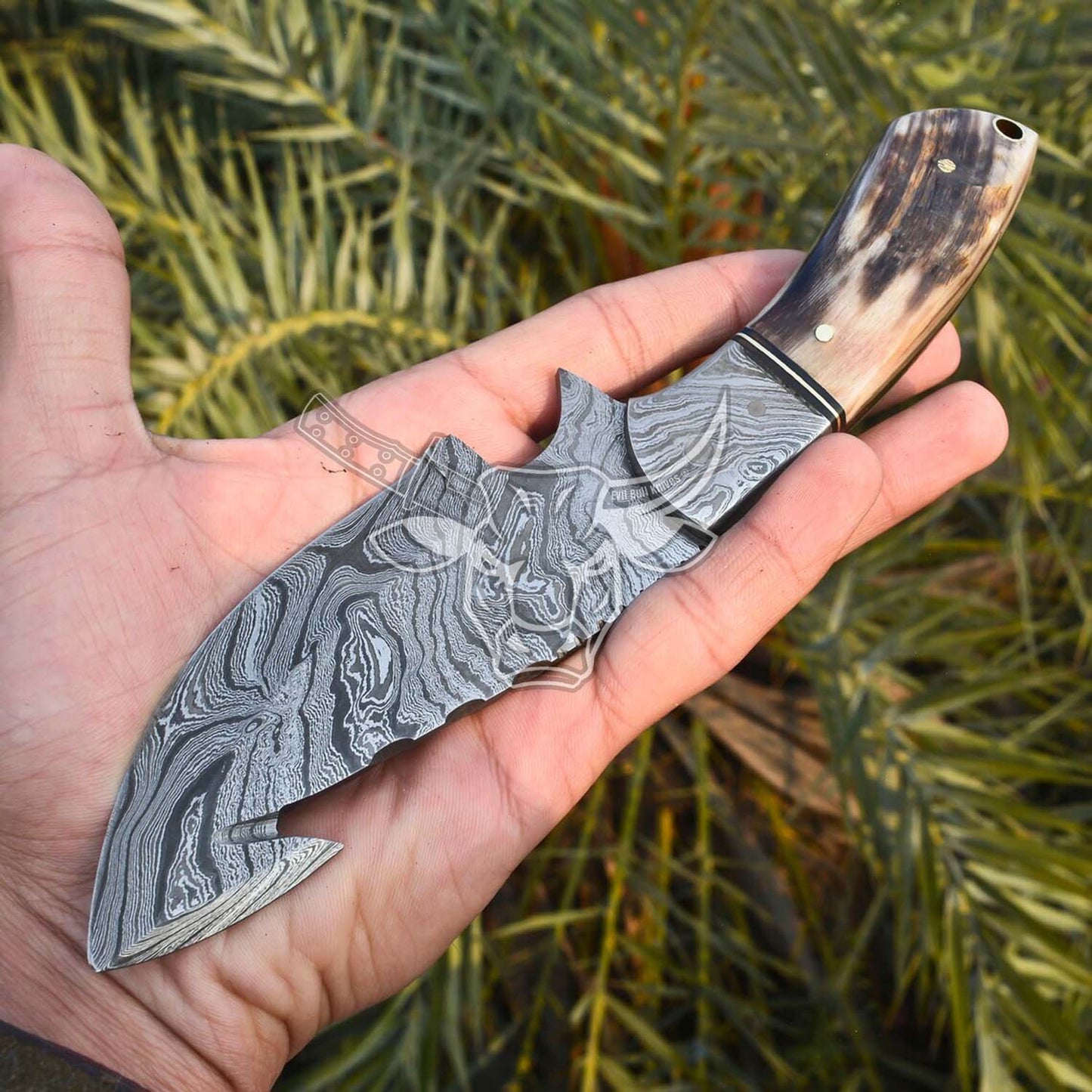 EBK-69 Handmade Damascus Ram Horn knife with Sheath,Fixed Blade Guthook,Bushcraft knife,Hunting KnifE,Camp Knife,Christmas Gift For Him