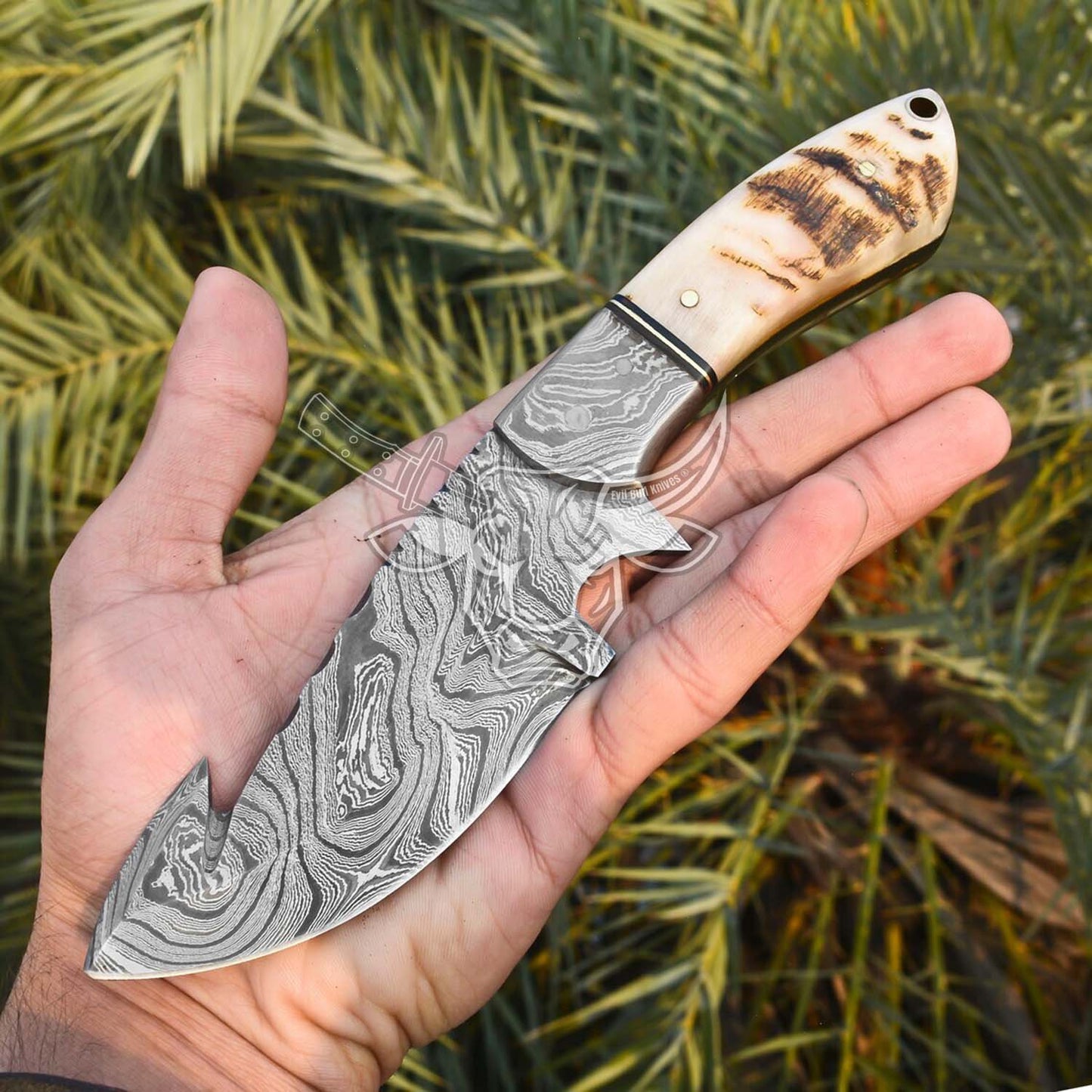 EBK-69 Handmade Damascus Ram Horn knife with Sheath,Fixed Blade Guthook,Bushcraft knife,Hunting KnifE,Camp Knife,Christmas Gift For Him