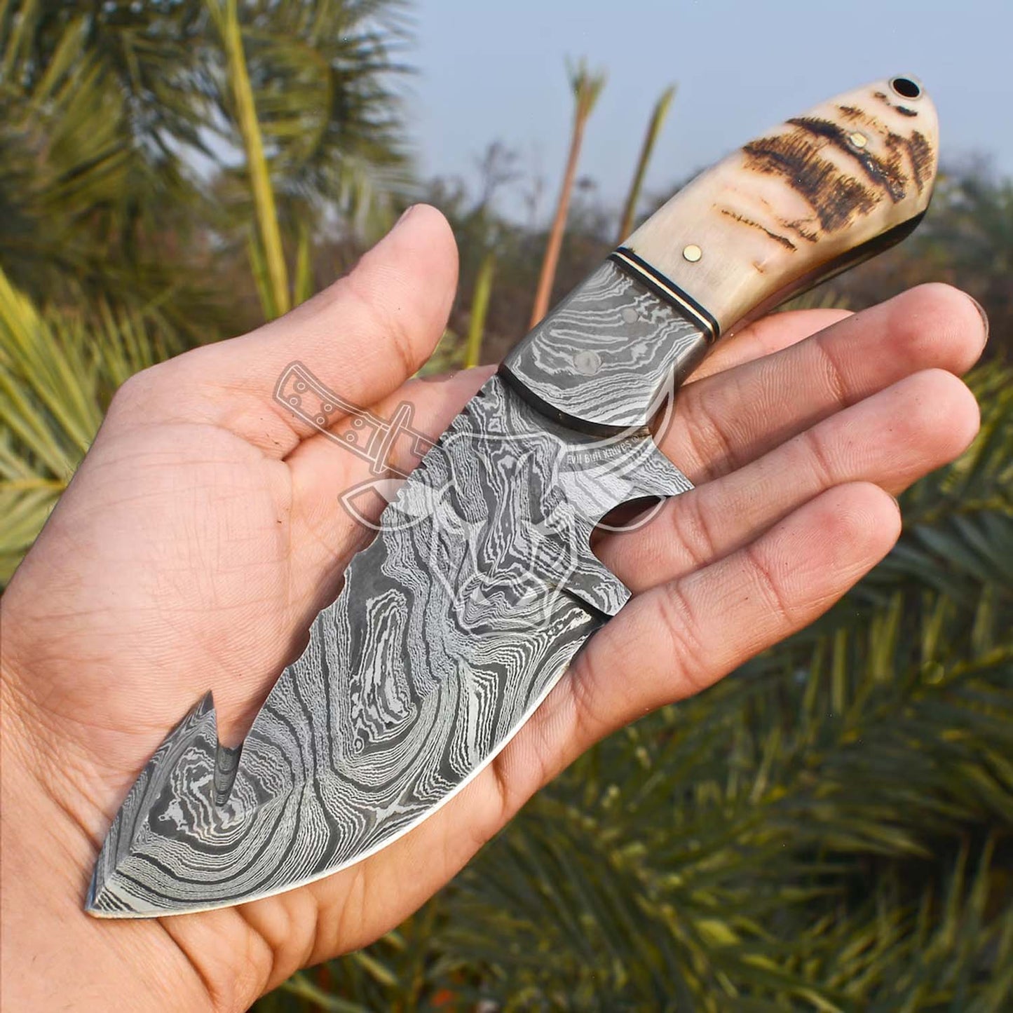 EBK-69 Handmade Damascus Ram Horn knife with Sheath,Fixed Blade Guthook,Bushcraft knife,Hunting KnifE,Camp Knife,Christmas Gift For Him