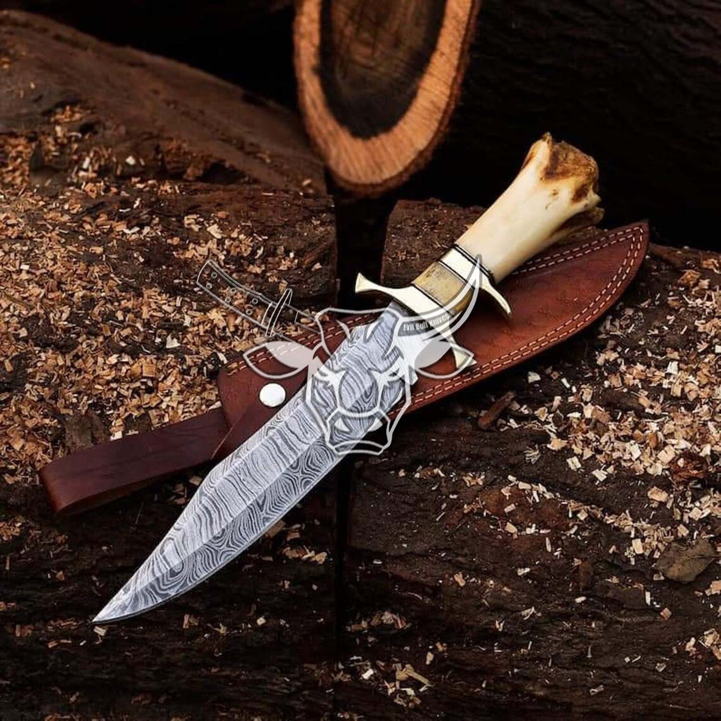 EBK-40 Handmade Damascus Bowie Knife Camel Bone With Brass Bolster Handle Also With Cow Leather Sheath Christmas Gift For Him