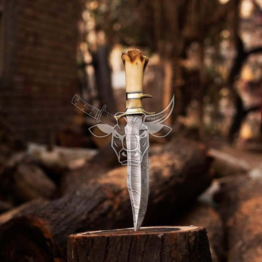 EBK-40 Handmade Damascus Bowie Knife Camel Bone With Brass Bolster Handle Also With Cow Leather Sheath Christmas Gift For Him