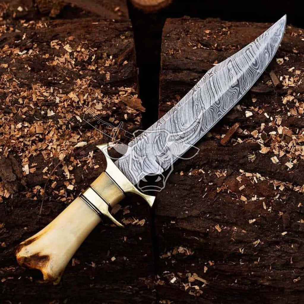 EBK-40 Handmade Damascus Bowie Knife Camel Bone With Brass Bolster Handle Also With Cow Leather Sheath Christmas Gift For Him