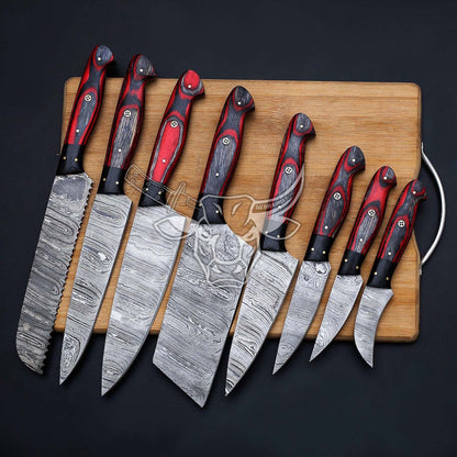 EBK-144 Handmade Damascus Chef Set 8PCS With Leather Sheath Christmas Gift For Him
